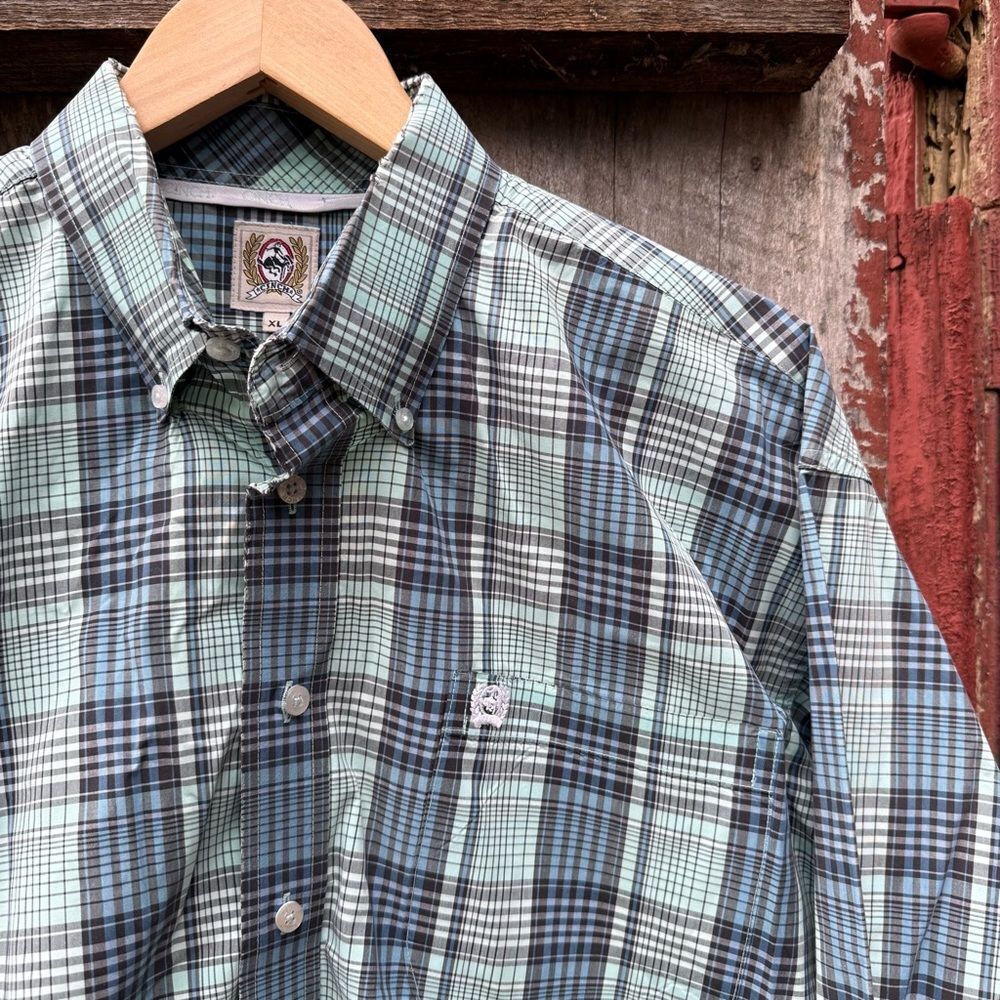 Cinch Plaid Button Down Shirt Teal Green Blue Black